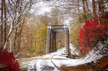 First Snowfall at the Tuckasegee River Bridge Trestle, Smoky Mountains