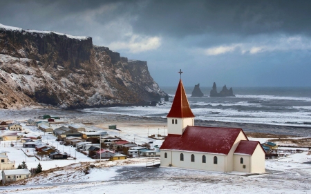 V�k � M�rdal, Iceland - village, clouds, nature, cliff, sea, church, sky