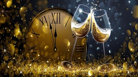 Happy New Year - art, clock, glasses, time