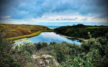 Bosherston Lilly Pond - Wales, UK - reflections, clouds, water, coast, landscape, sea, sky