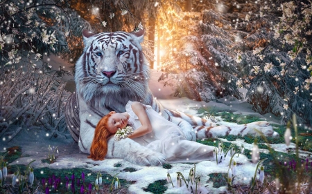 A Winter's Dream - trees, digital, girl, snow, art, tiger