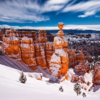 Moonlit Bryce Canyon covered in fresh snow