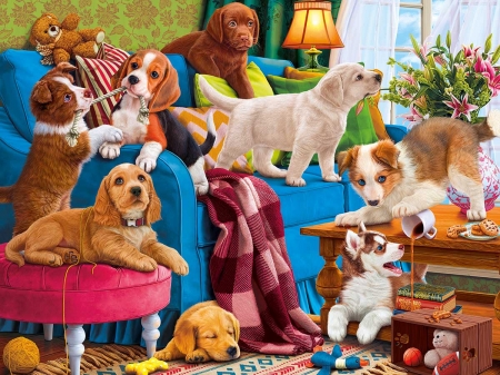 :) - room, dog, pictura, funny, painting, cute, caine, puppy, art