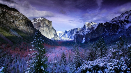 Winter mountain - winter, beautiful, rocks, mountain, cliffs, snow, trees, waterfall, view, forest