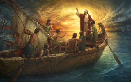From fear to faith - sea, boat, art, man, howard lyon, fantasy, yellow, water, jesus christ