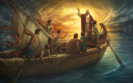 From fear to faith - howard lyon, water, yellow, boat, sea, jesus christ, man, fantasy, art