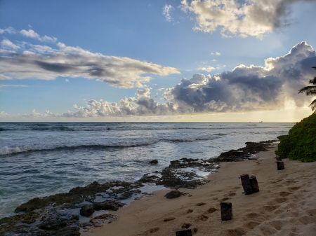 Hawaiian Beach - clouds, water, Hawaii Beach, ocean, sand