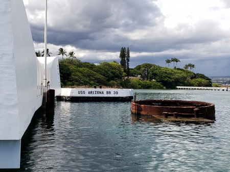 Arizona Memorial - Hawaii, clouds, water, USS Arizona