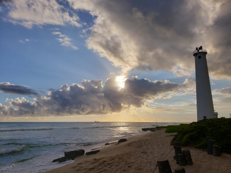 Lighthouse on the Beach - clouds, Hawaii, water, lighthouse, ocean