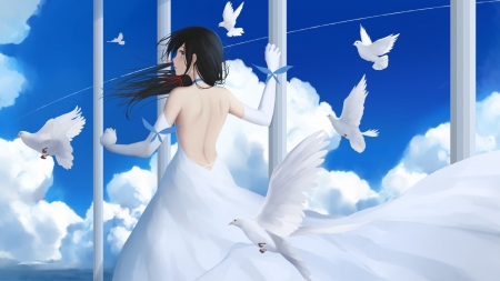 â™¥ - anime, blue, clouds, doves signifying peace, purity, sky, white dress, woman