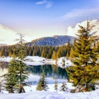 Mountain and lake in winter