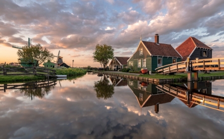 Zaanse Schans, Holland - calm, canal, Netherlands, houses, windmills