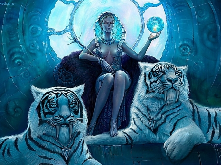 Snow Queen with guardians - digital, tigers, dirl, art