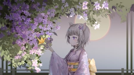 Moon festival - moon, manga, anime, 3xart, festival, kimono, flower, pink