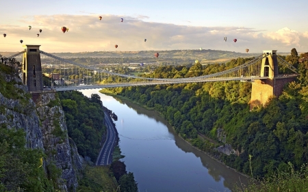 Bridge in England - balloons, river, England, bridge