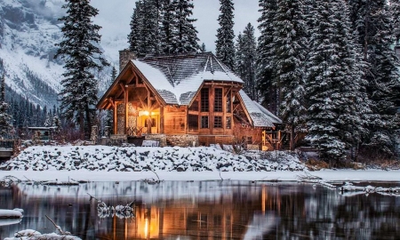 Emerald Lake Lodge, Yoho NP, Alberta - house, trees, canada, water, snow, mountains, reflection