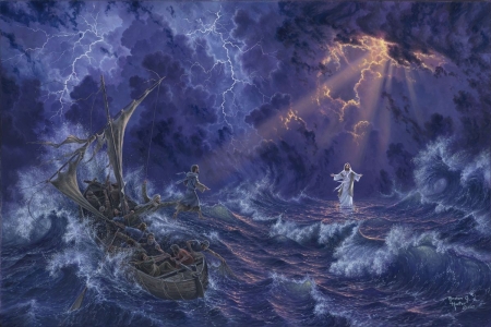 Leap of Faith by Abraham Hunter - sea, painting, abraham hunter, art, pictura, water, storm, jesus christ