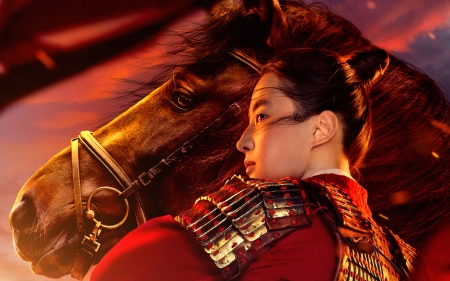Mulan ( 2020 ) - afis, horse, sword, asian, poster, cal, actress, liu yifei, mulan, movie, red, princess, warrior