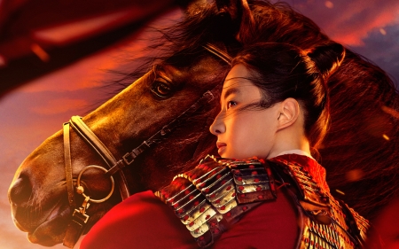 Mulan ( 2020 ) - warrior, poster, sword, afis, cal, horse, actress, mulan, red, movie, princess, asian, liu yifei