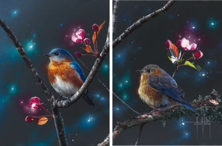 Twilight - bird, collage, padari, spring, night, pictura, painting, twilight, art