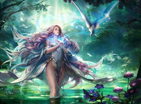 Spring goddess - chan chan, water, goddess, blue, green, girl, spring