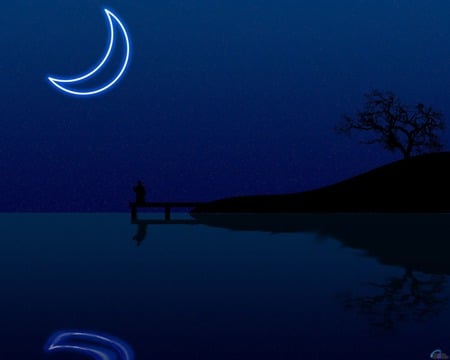 Night on the Dock - moon, silhouette, reflection, dock, water, night