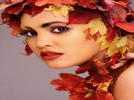 autumn leaves - beauty, autumn, leaves, make-up, model