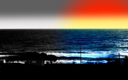 Red art - nature, sky, beach, sea, waves