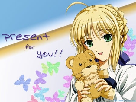 Present for You - cute, fate stay night, anime, anime girl, girl, toy, butterfly, female, saber