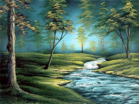 FOREST STREAM - stream, forest, painting, art