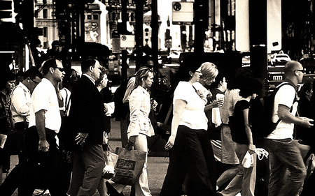 Weekday morning - people, sepia, landscape, duotone, city, morning, film