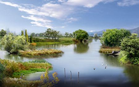 3D Nature - sky, trees, nature, abstract, art, river, clouds, 3d, boat, birds