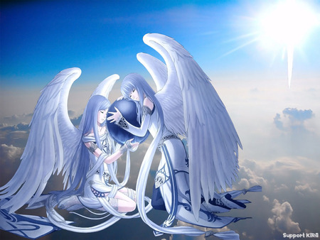 Angel in Heaven - heaven, globe, anime, anime girl, female, wing, girl, angel, cloud, cute, sun