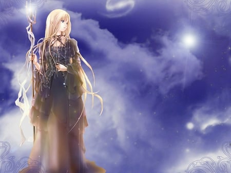 Girl with Baton - girl, female, light, anime girl, black, cloud, blue, anime, cute