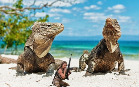 Shhh! - beach, model, lizards, rifle, brunette