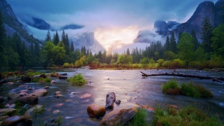 Yosemite Valley, morning sunrise - usa, clouds, river, trees, california, stones, sky