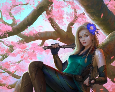 Fantasy girl - frumusete, gorgeous, mario wibisono, girl, tree, superb, pink, fantasy, green, luminos