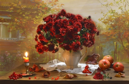Still life - Candle, Flowers, Fruits, Autumn