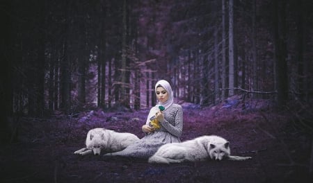 Two white Watchers - girl, white, forest, wolves