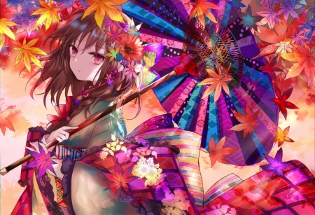 Girl with parasol - anime, girl, kimono, pink, orange, kazu muchuukai, colorful, manga, umbrella, toamna, parasol, autumn, red, leaf, asian