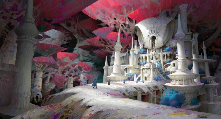 Castle - blue, white, art, yalun, fantasy, red, ya lun, luminos, castle
