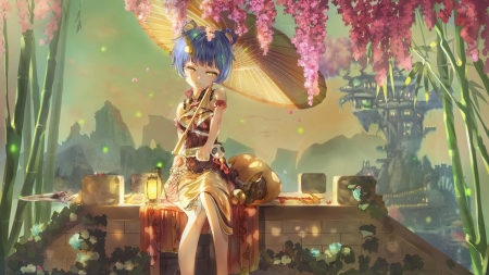 Genshin - umbrella, wisteria, anime, parasol, girl, genshin, manga, xiangling games