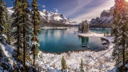 Winter Scene of Maligne Lake & Spirit Island - forests, canada, nature, snow, island, lake, mountains