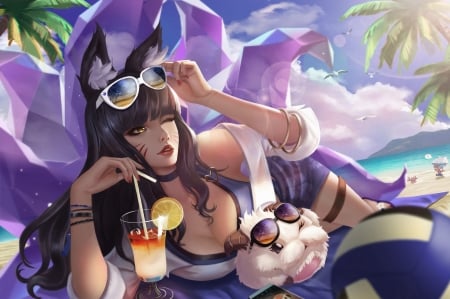 Ahri - wei jie wang, fantasy, purple, summer, fox, ears, girl, ahri