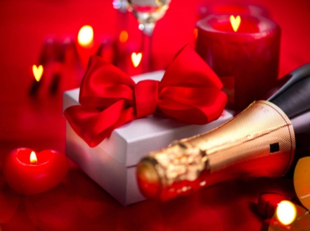 Romantic  Dinner - candles, champagne, gift box, heart