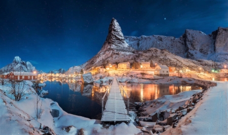 Night in Norway - village, lake, night, norway