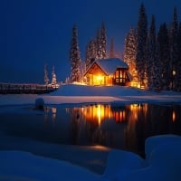 Emerald lake at night