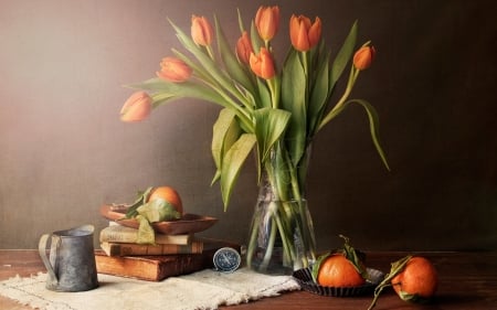 Tulip Still Life - vase, mandarins, tulips, orange, still life