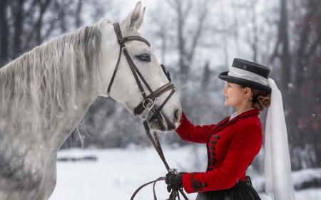 Lady and Horse - winter, lady, woman, snow, horse