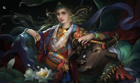 2021 ~ Year of the Ox - cow, ox, frumusete, gorgeous, girl, chinese, dark, fantasy, linh phuong, zodiac, luminos, chinese zodiac